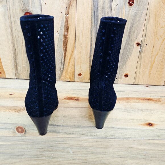 Paige Layla Mid Calf Boot Black Suede Perforated Pointed Toe Heeled - Picture 4 of 6